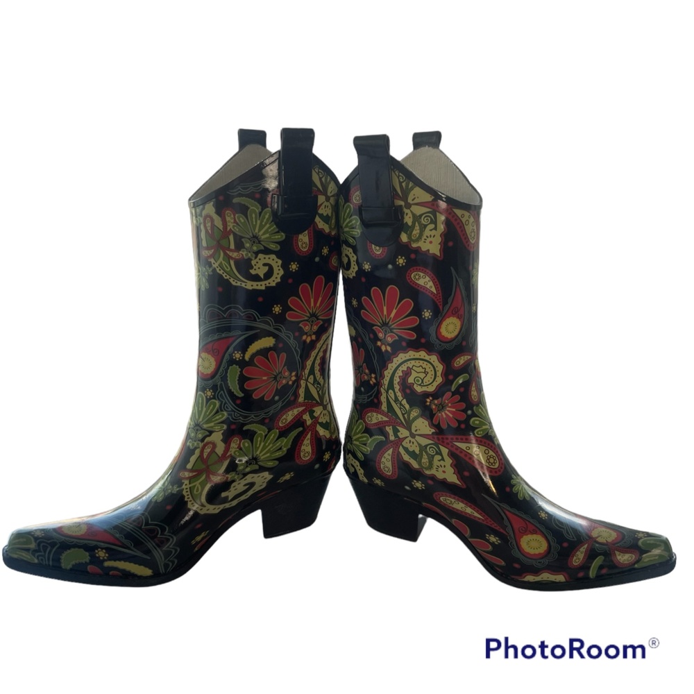 Corkys Nomad Black Red Paisley Floral Rubber Cowboy Rain Boots Size 8